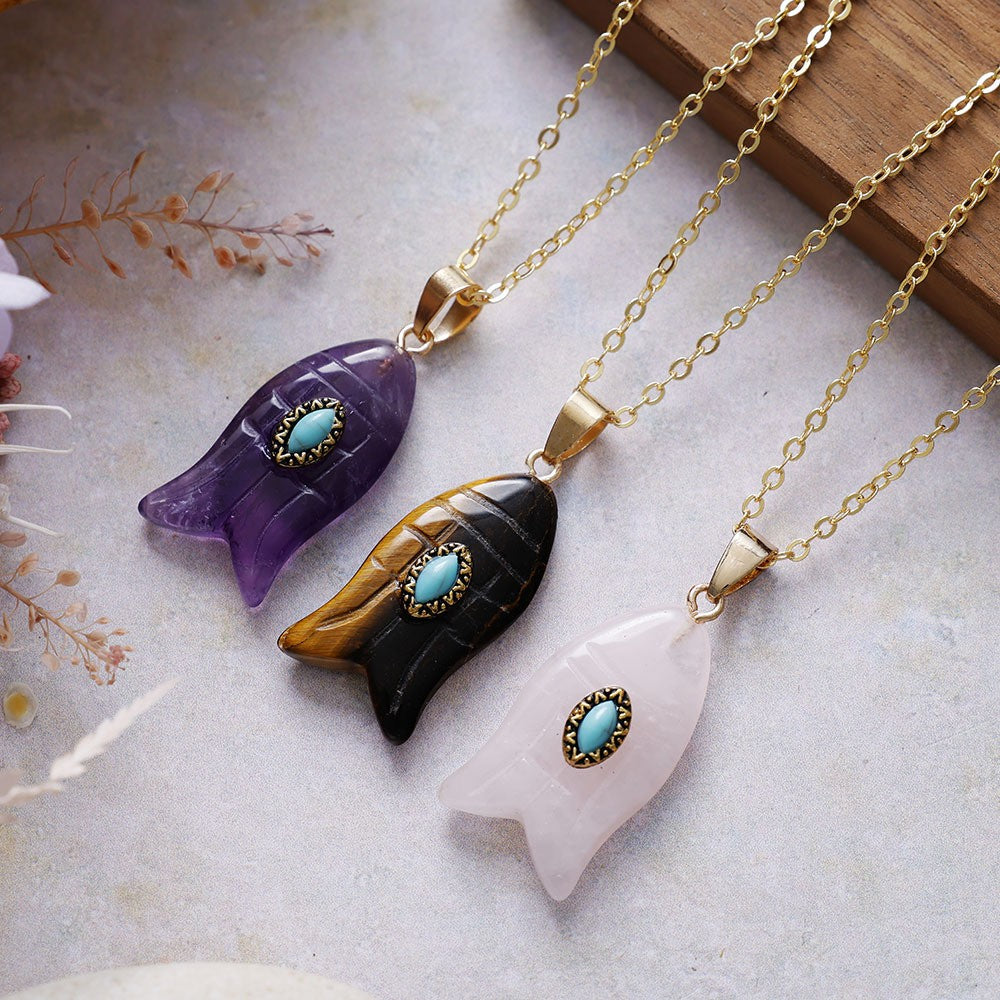 Boho Carved Stone Fish Pendant Necklace