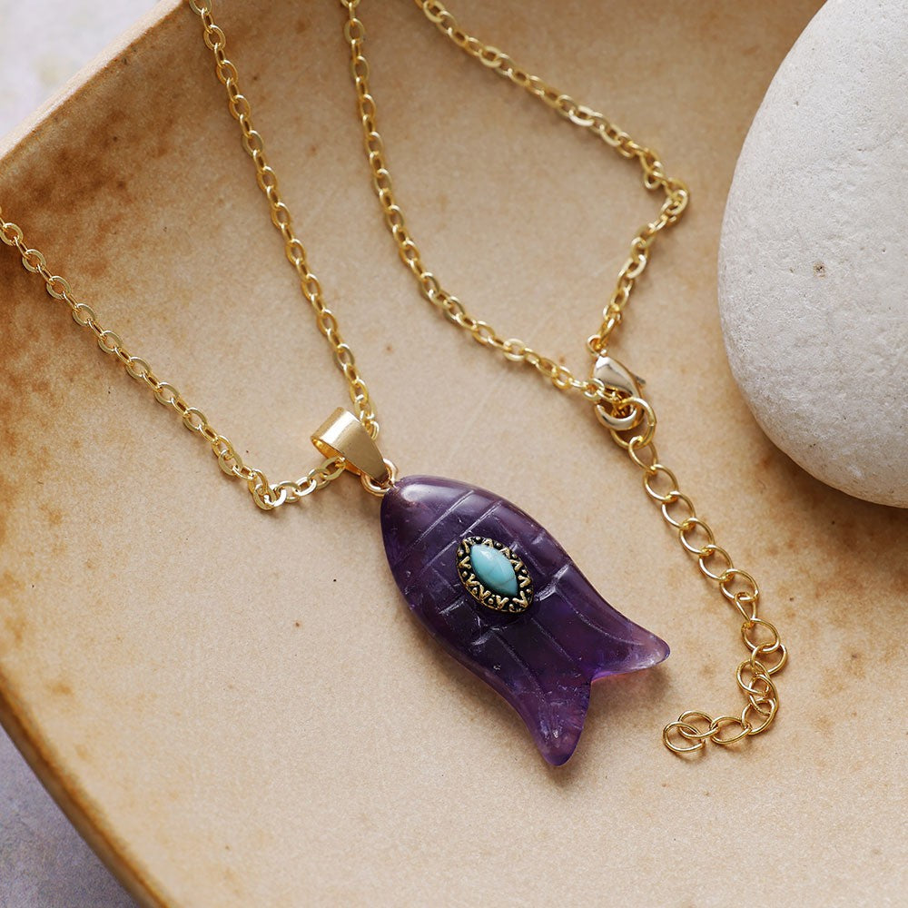 Boho Carved Stone Fish Pendant Necklace