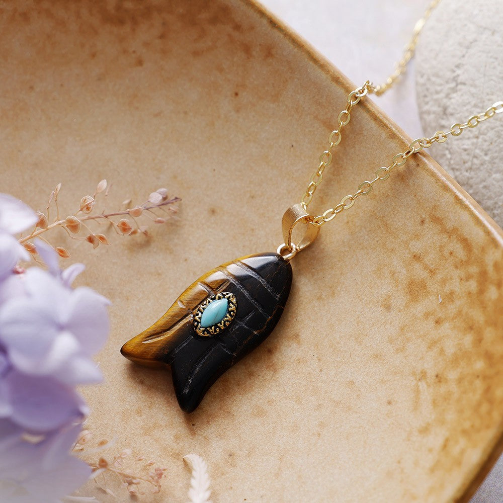 Boho Carved Stone Fish Pendant Necklace