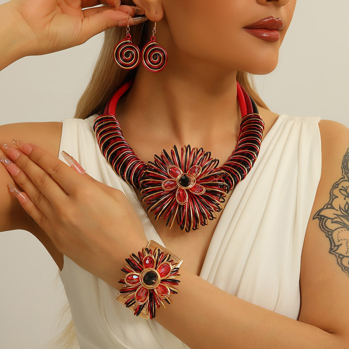 3pc Vintage Red Floral Wire Necklace, Bracelet & Earring Set
