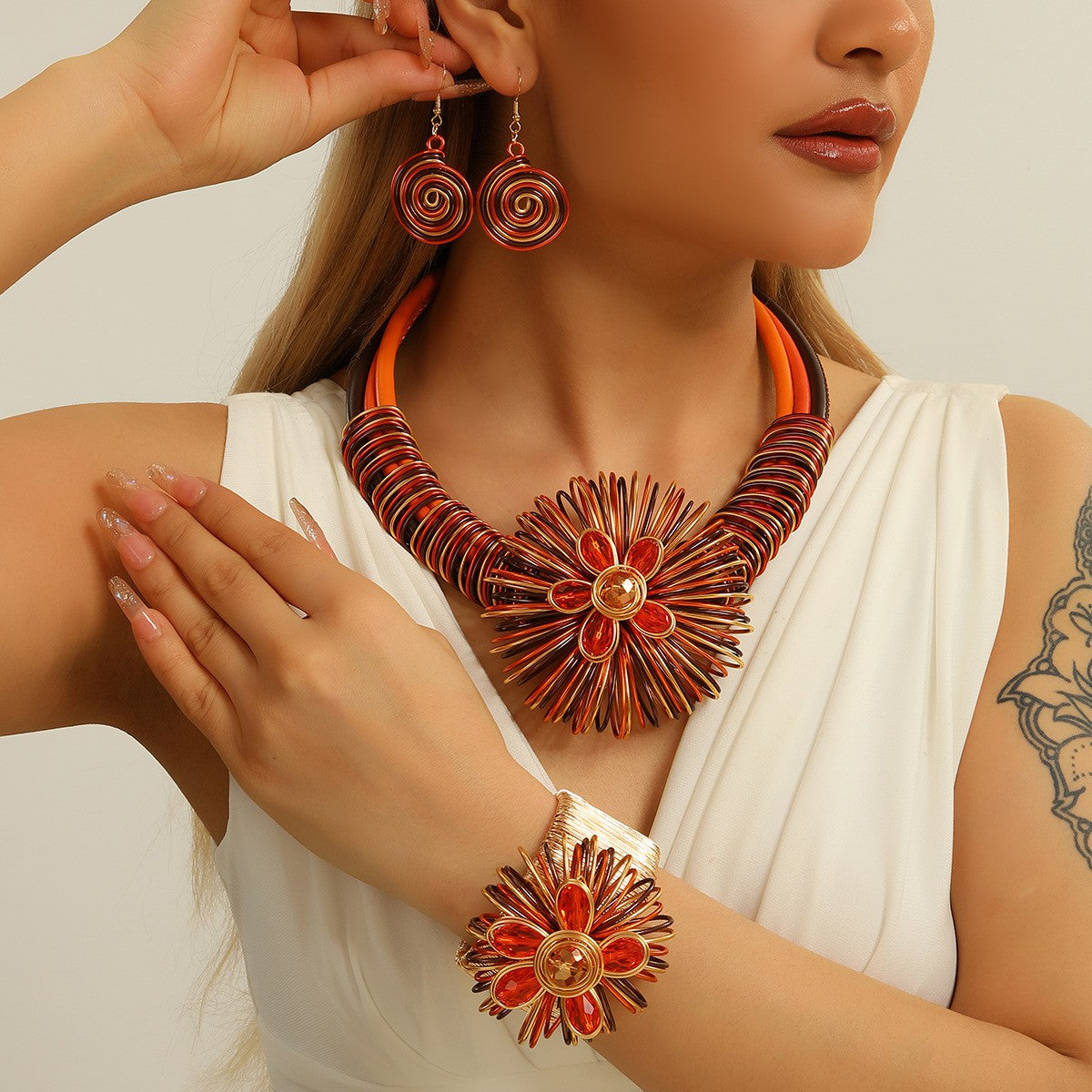 3pc Vintage Red Floral Wire Necklace, Bracelet & Earring Set
