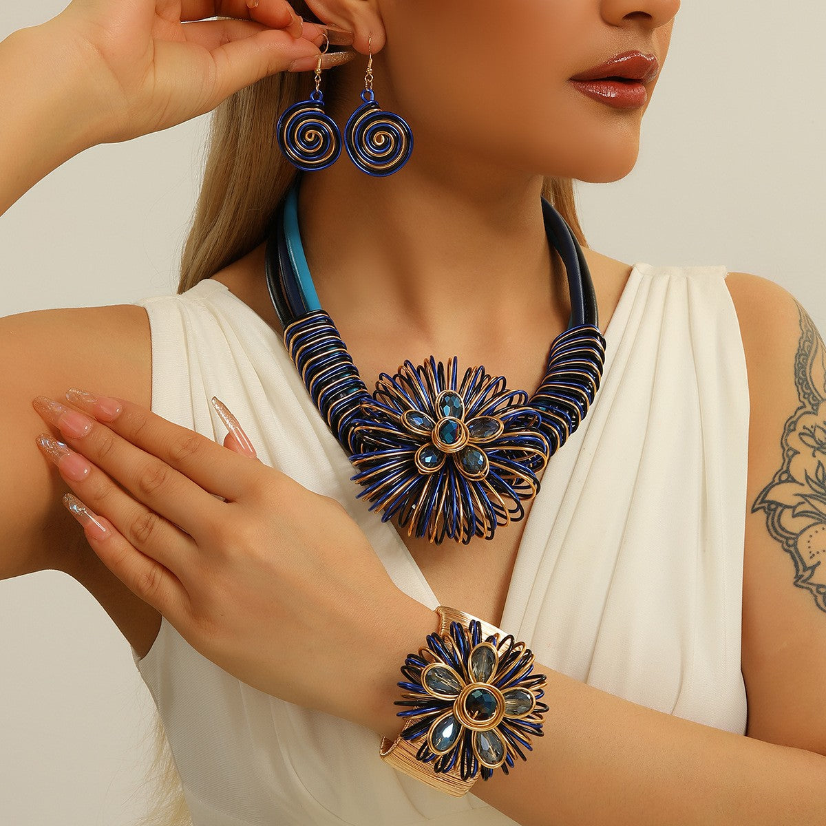 3pc Vintage Red Floral Wire Necklace, Bracelet & Earring Set