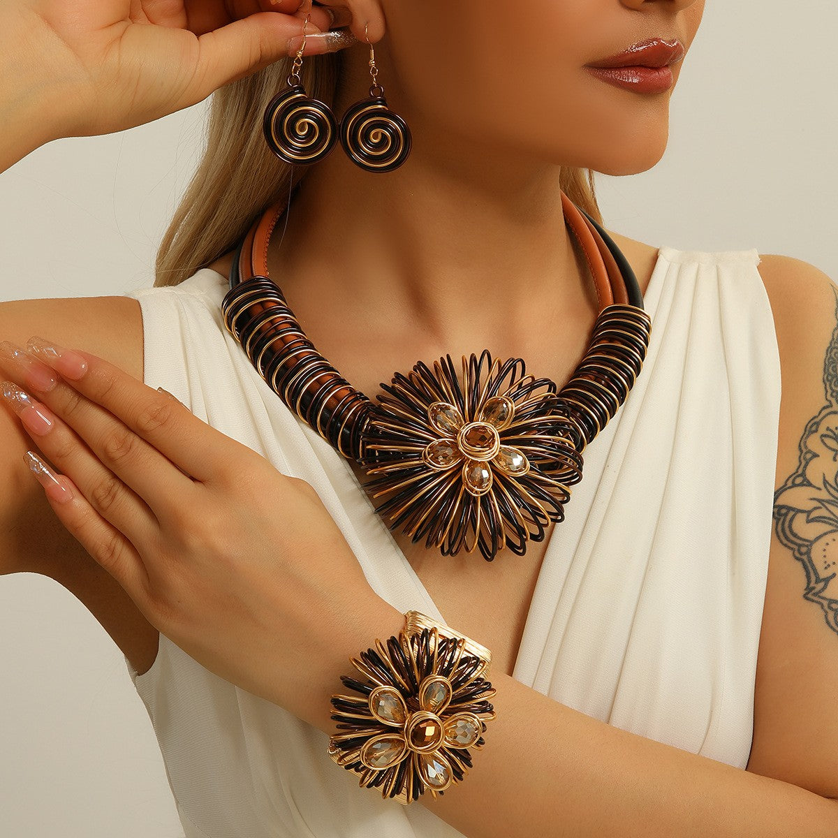 3pc Vintage Red Floral Wire Necklace, Bracelet & Earring Set