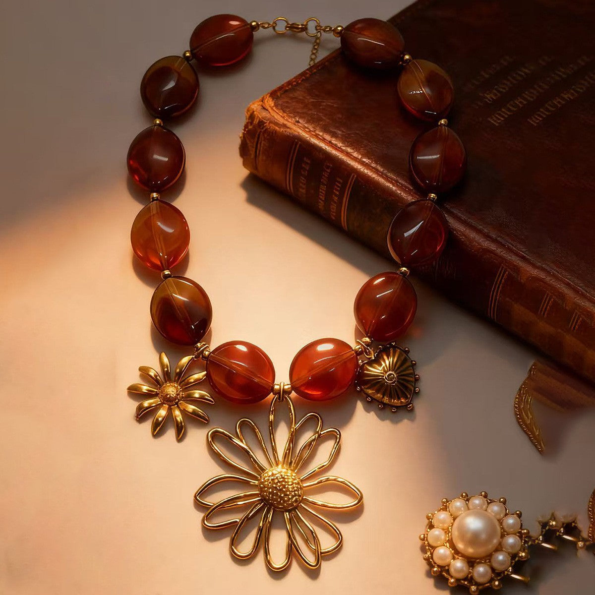 Vintage Amber Floral Statement Necklace