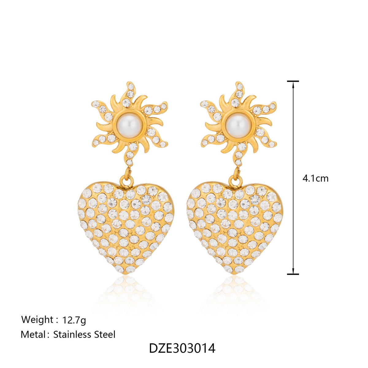 18k Dainty Sun Pearl Heart Earrings