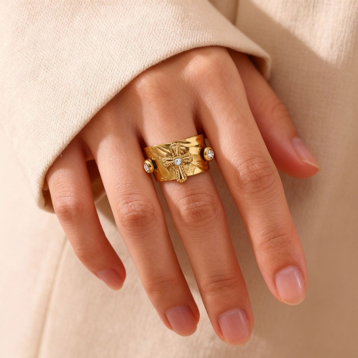 Classy Vintage Cross Wide Band Ring