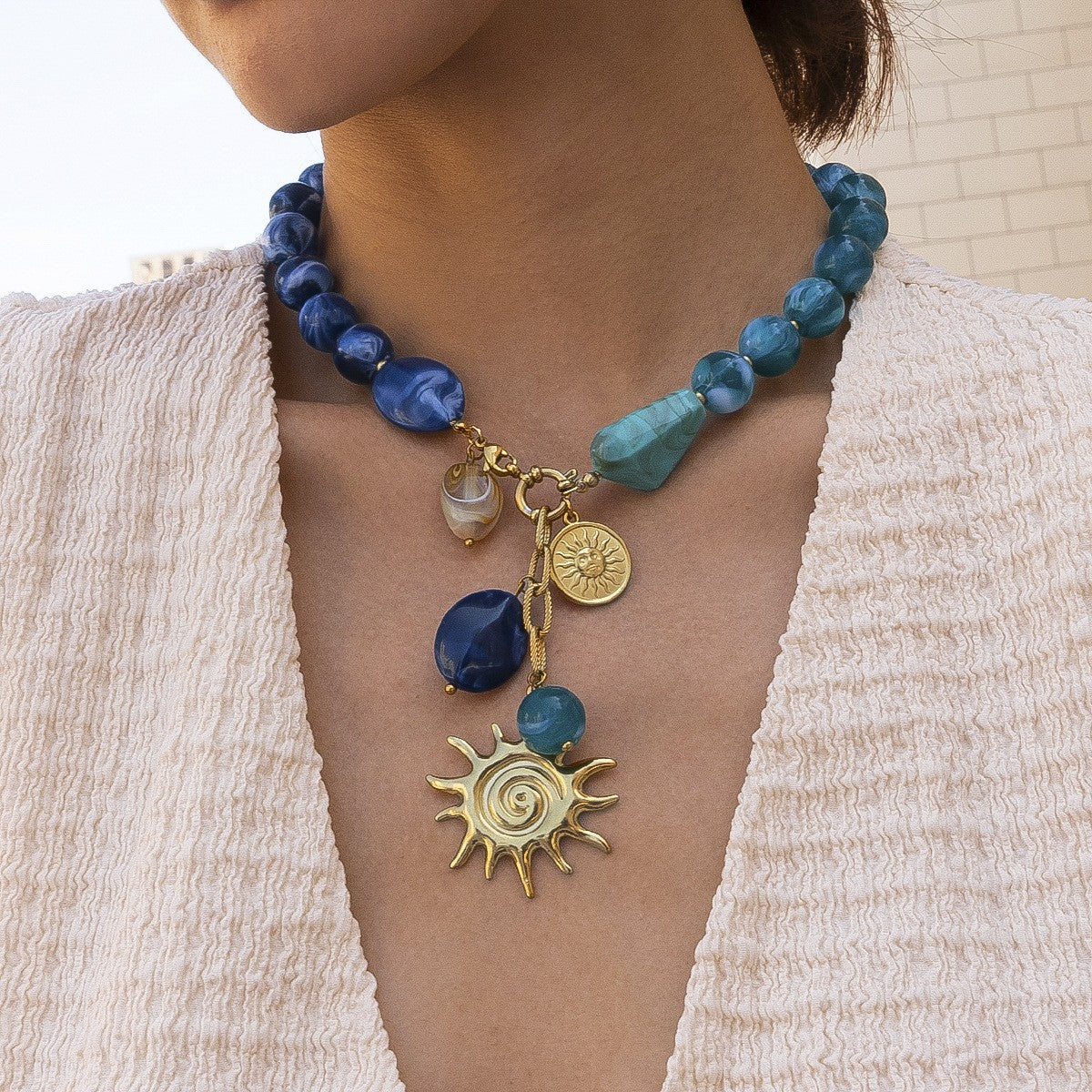 Boho Blue Beaded Sun Charm Necklace