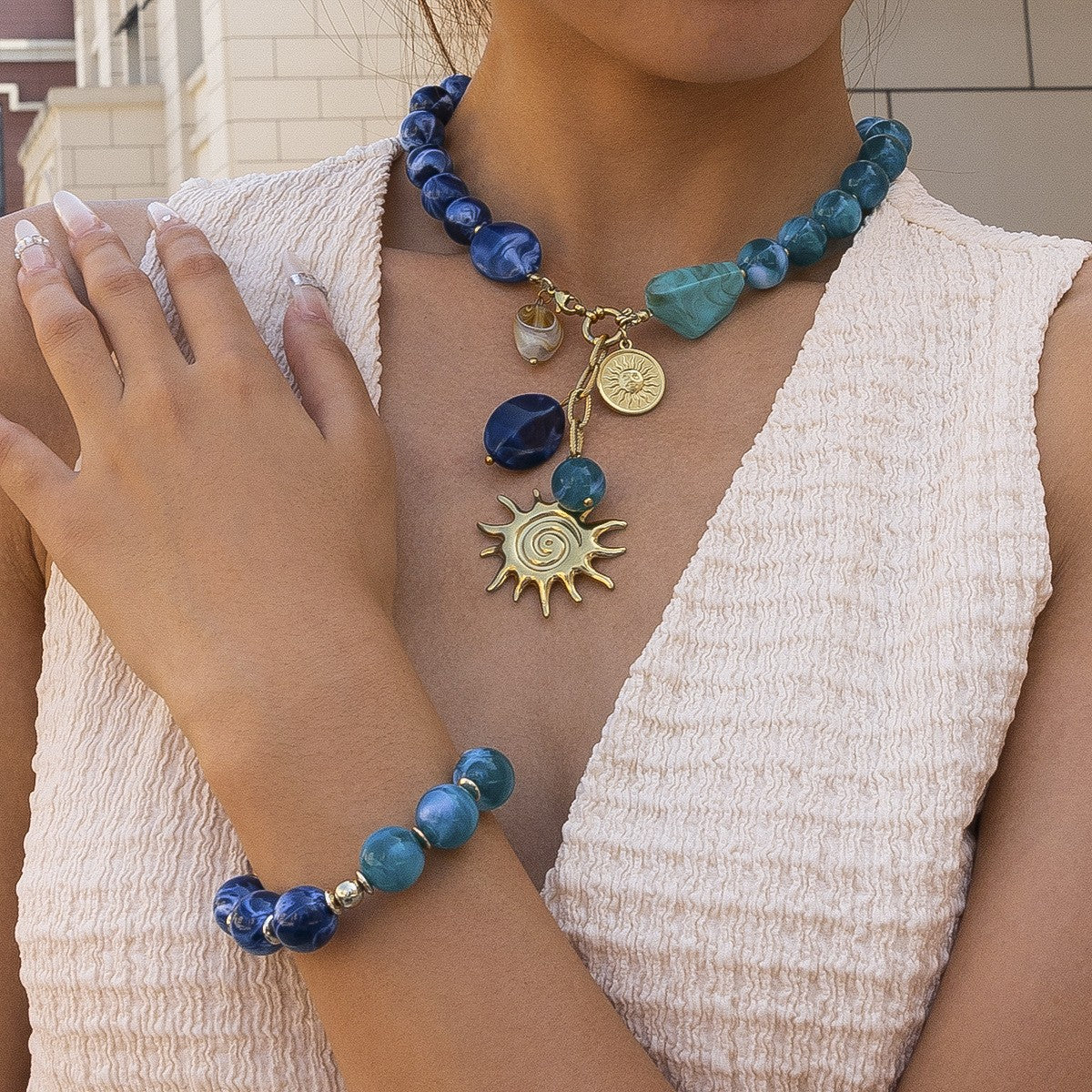 Boho Blue Beaded Sun Charm Necklace