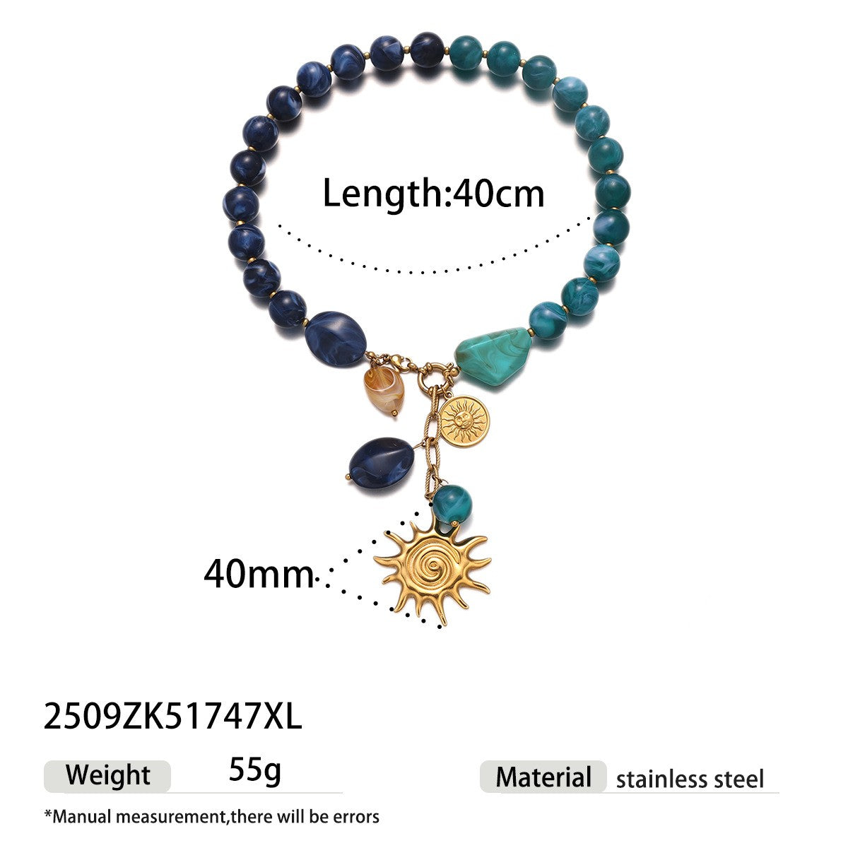 Boho Blue Beaded Sun Charm Necklace