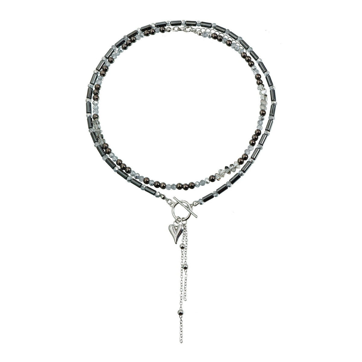 Edgy Dark Beaded Heart Lariat Necklace and Earring Set