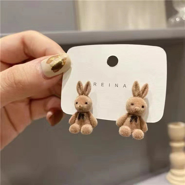 Sweet Flocked Bear And Bunny Earrings