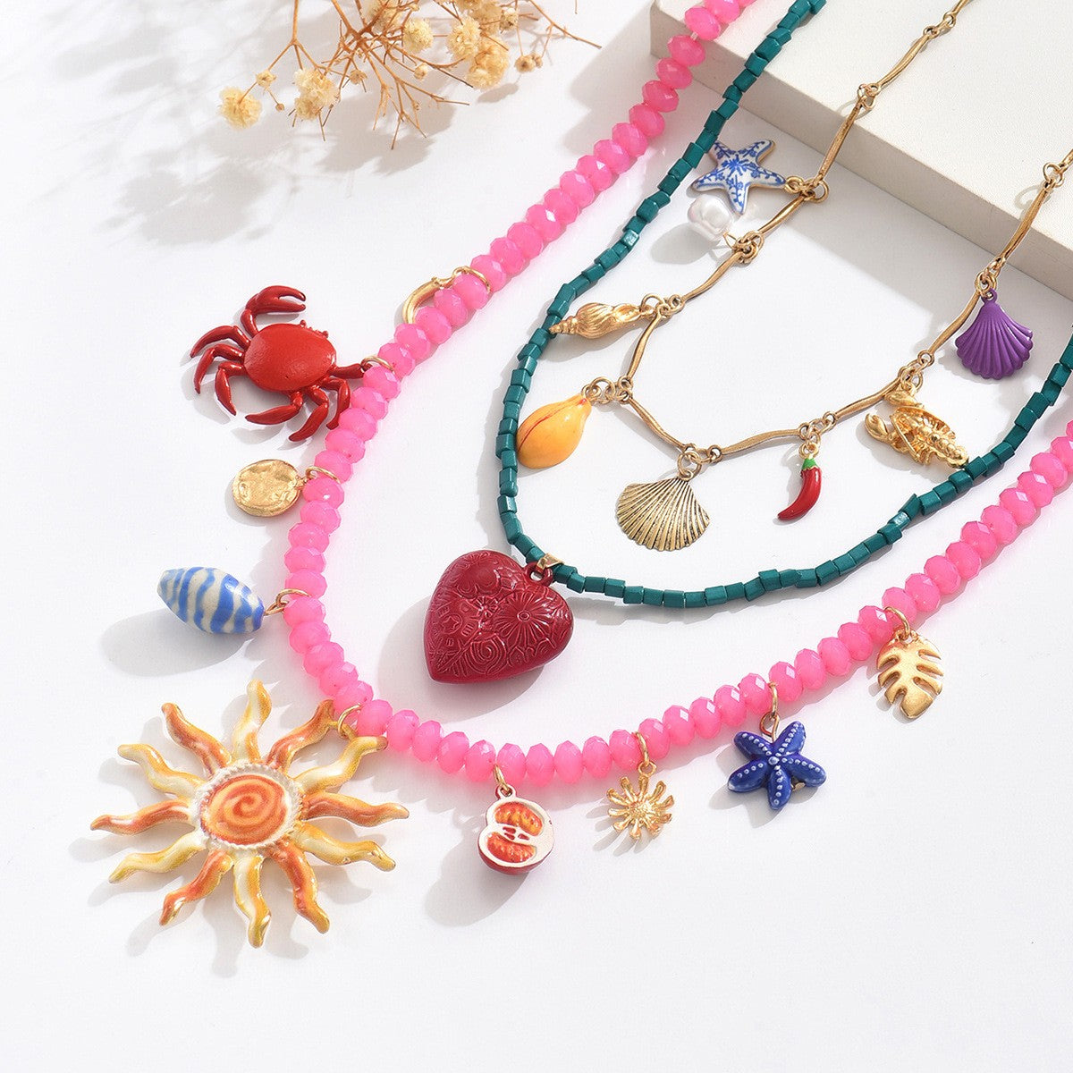 Boho Vintage Sun & Crab Layered Necklace
