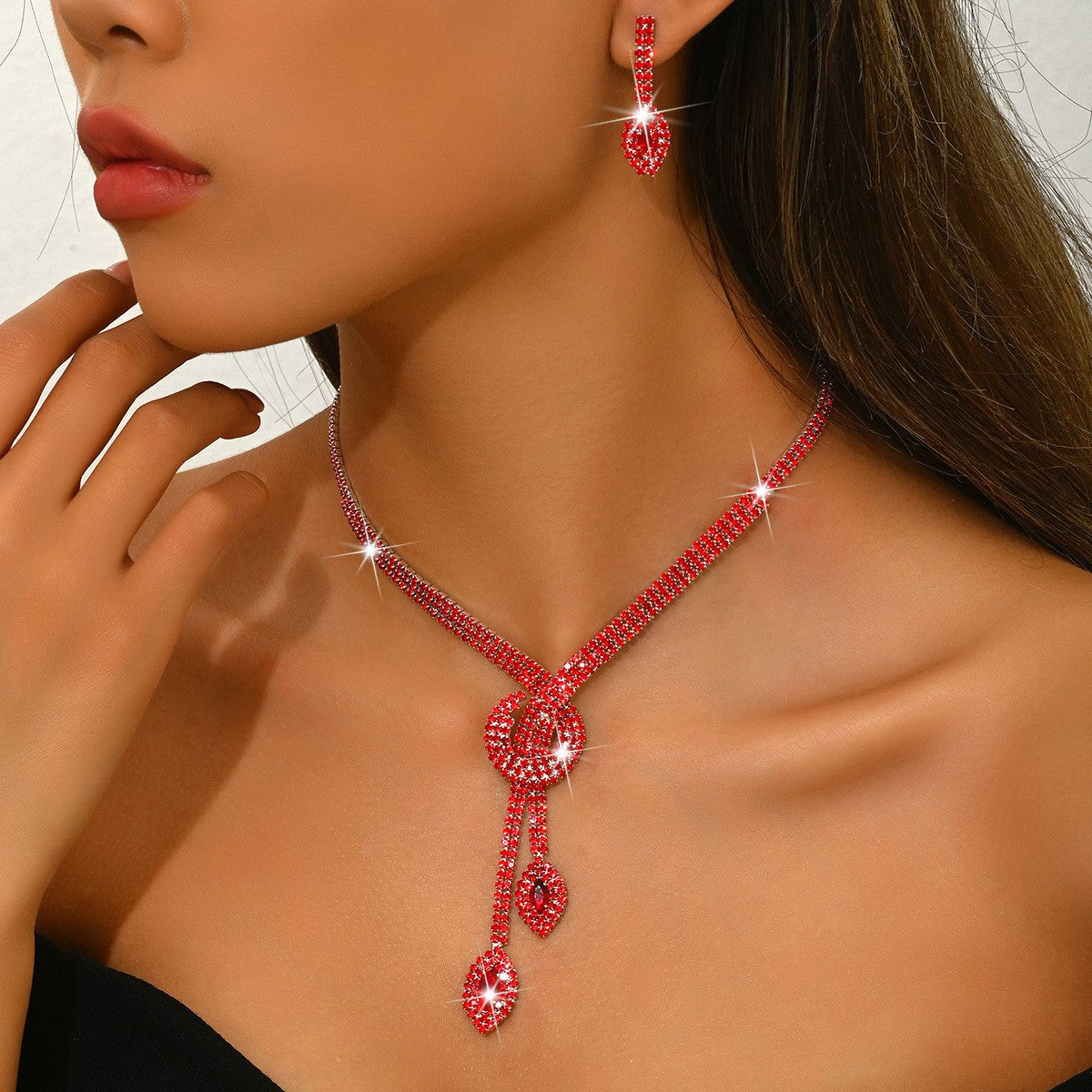 Classy Red Rhinestone Knot Lariat Necklace & Earring Set