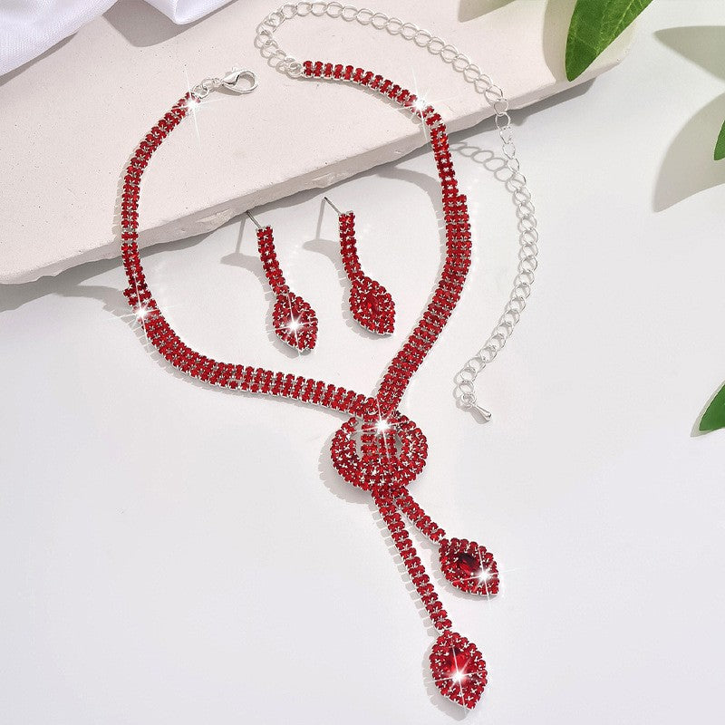 Classy Red Rhinestone Knot Lariat Necklace & Earring Set