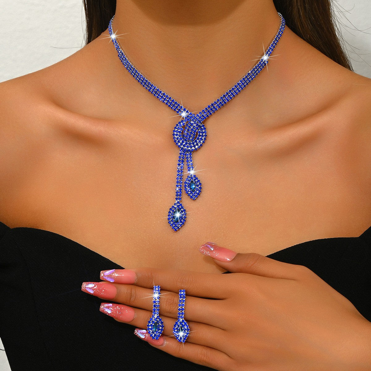 Classy Red Rhinestone Knot Lariat Necklace & Earring Set