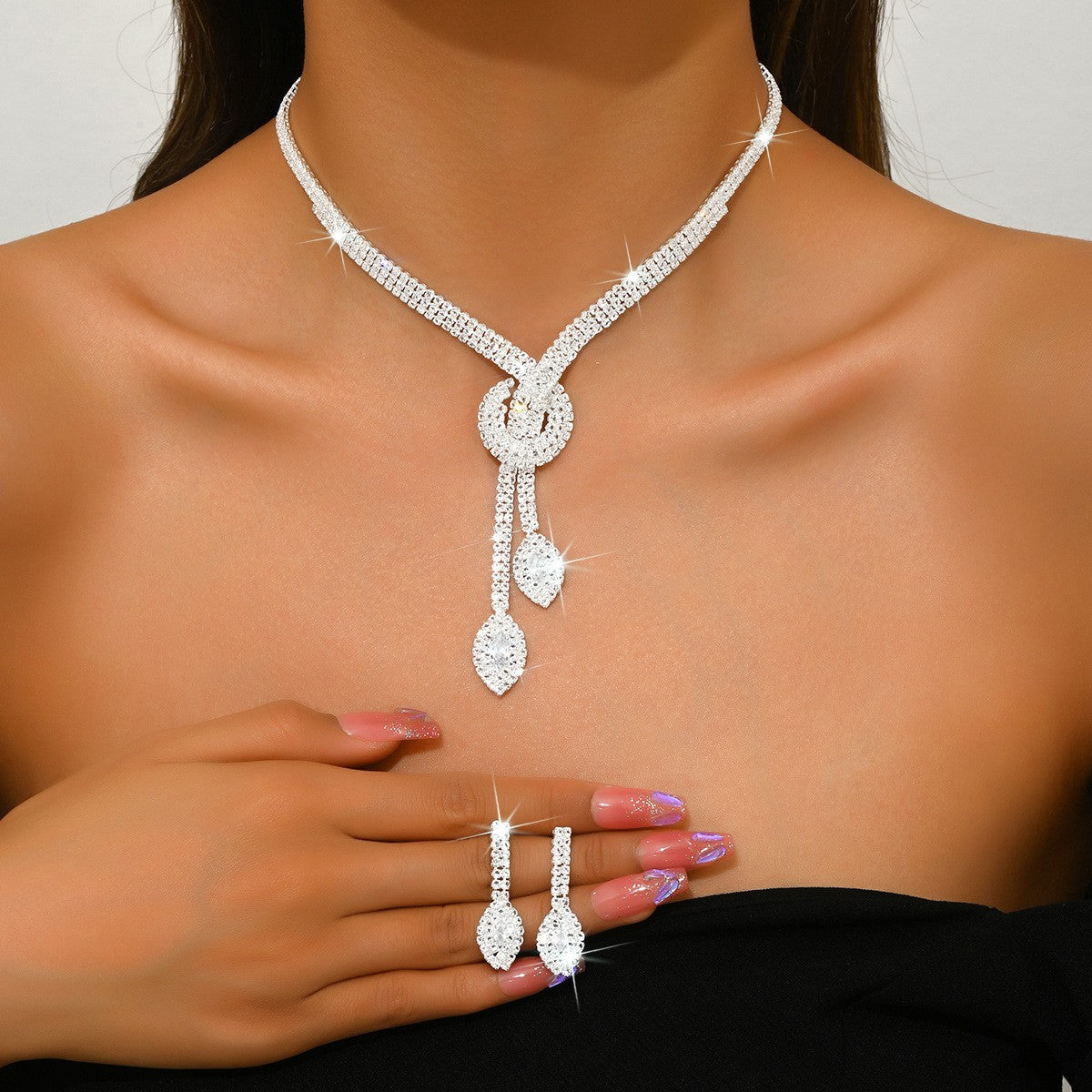 Classy Red Rhinestone Knot Lariat Necklace & Earring Set