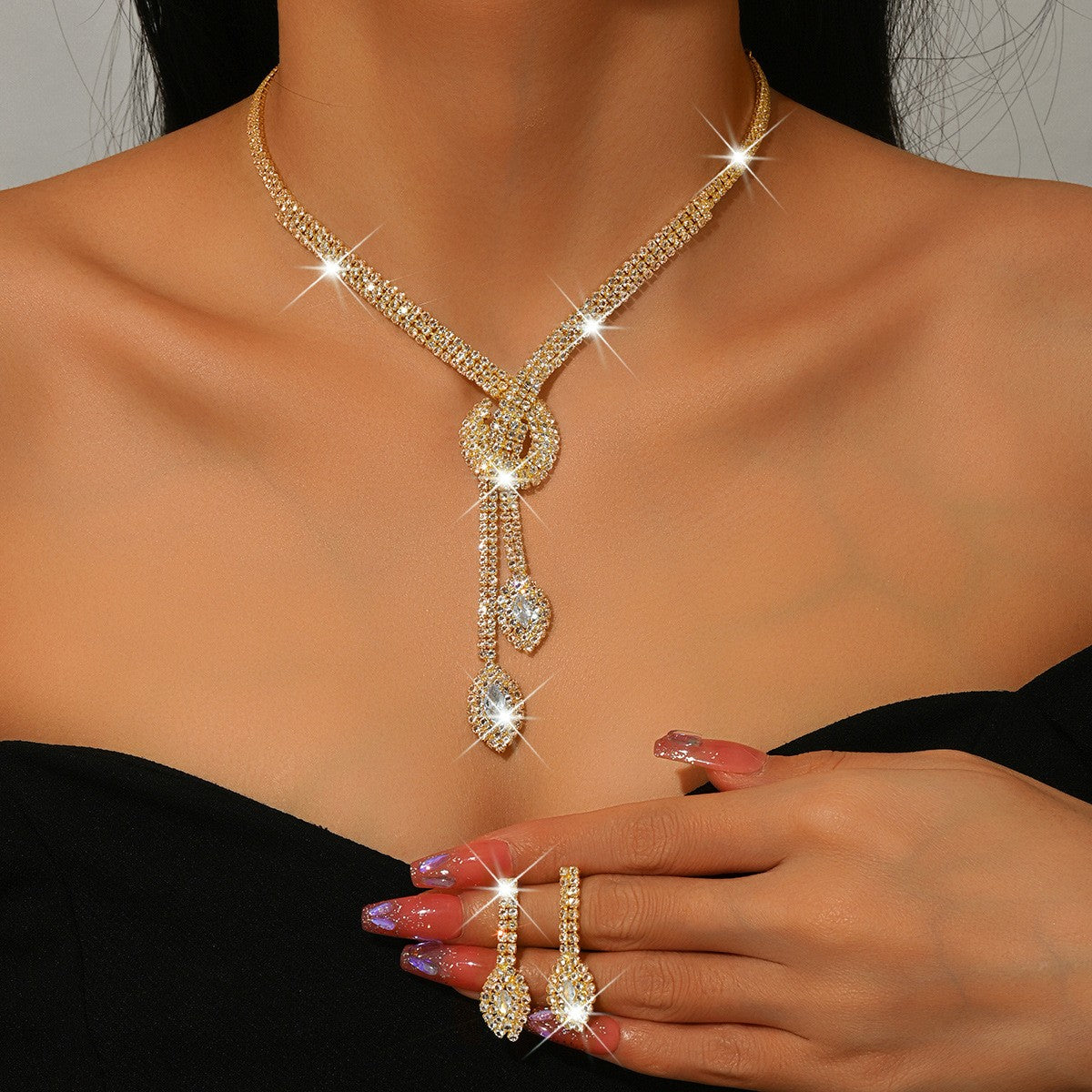 Classy Red Rhinestone Knot Lariat Necklace & Earring Set