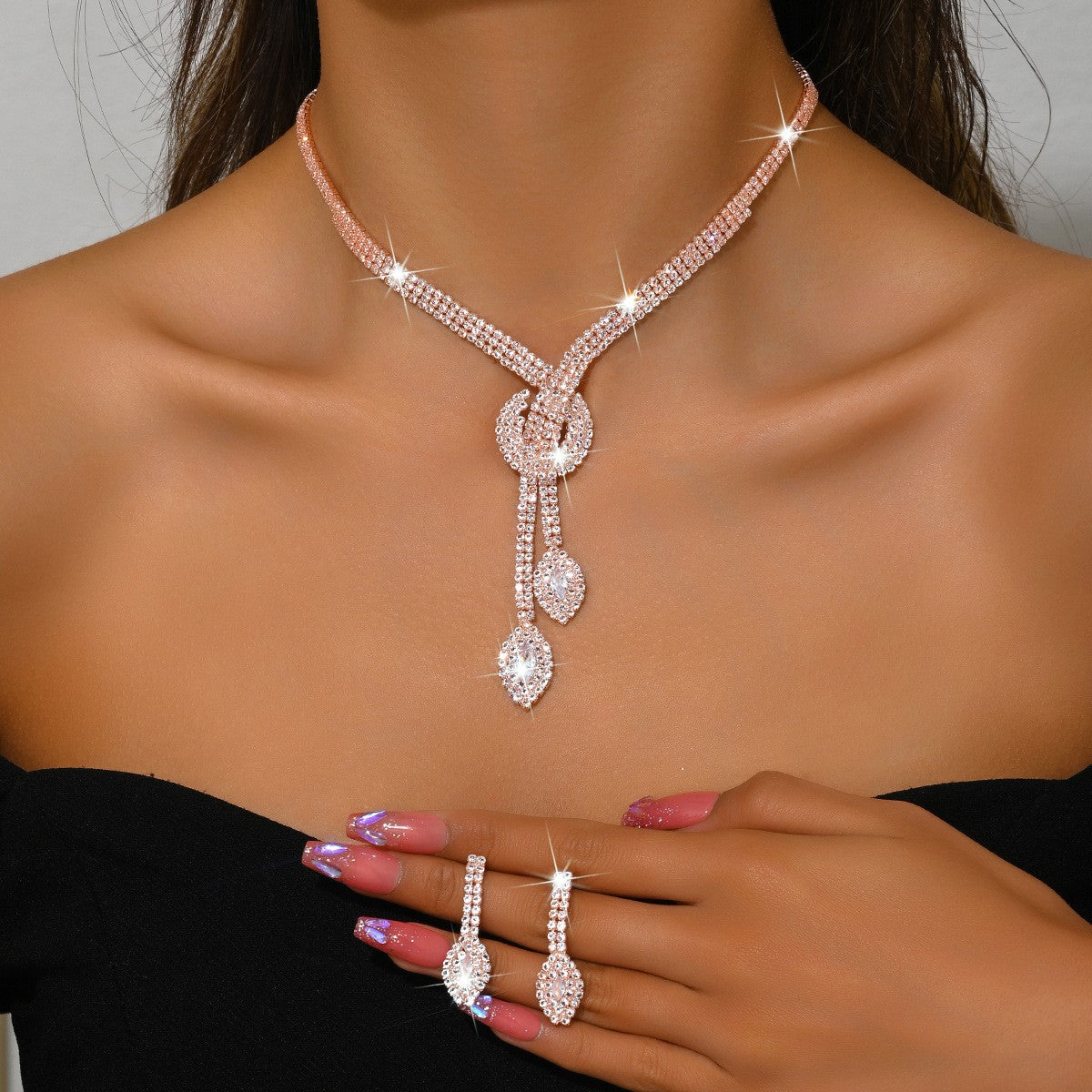 Classy Red Rhinestone Knot Lariat Necklace & Earring Set