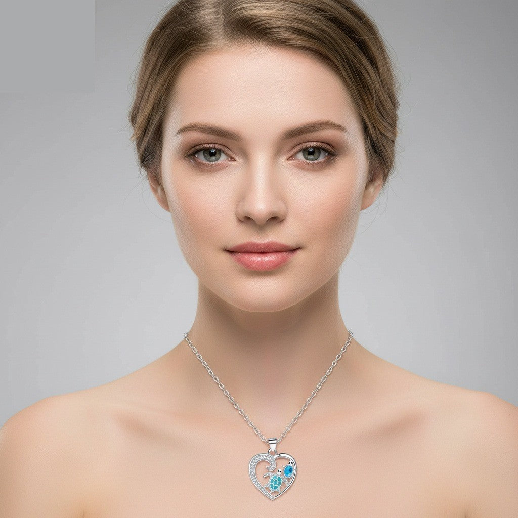 Romantic Blue Sea Turtle Heart Necklace