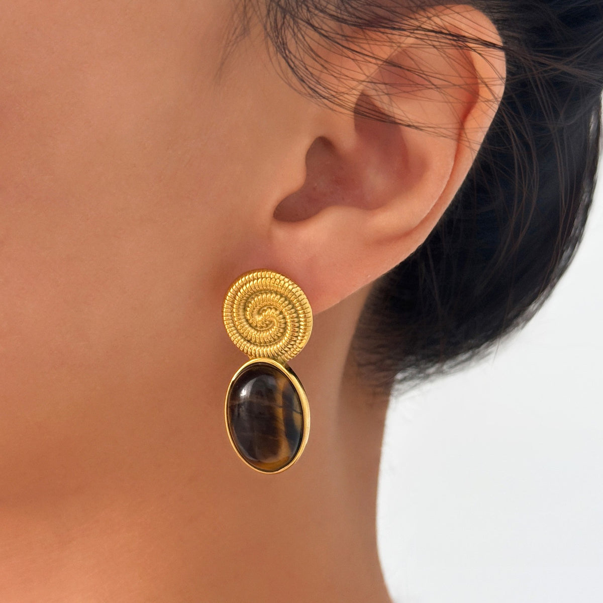 18k Boho Tiger Eye Spiral Earrings