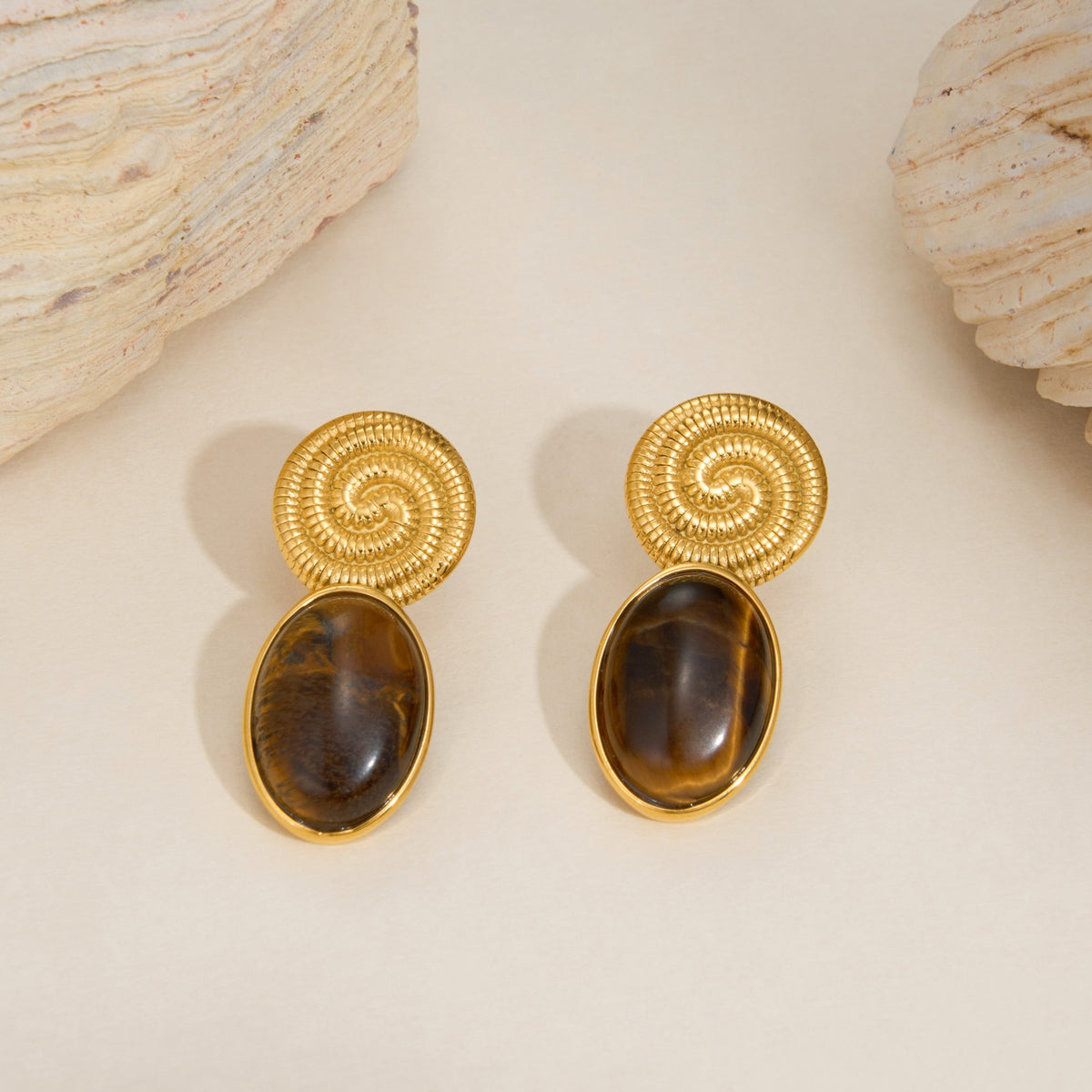 18k Boho Tiger Eye Spiral Earrings