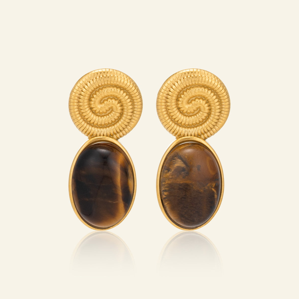 18k Boho Tiger Eye Spiral Earrings