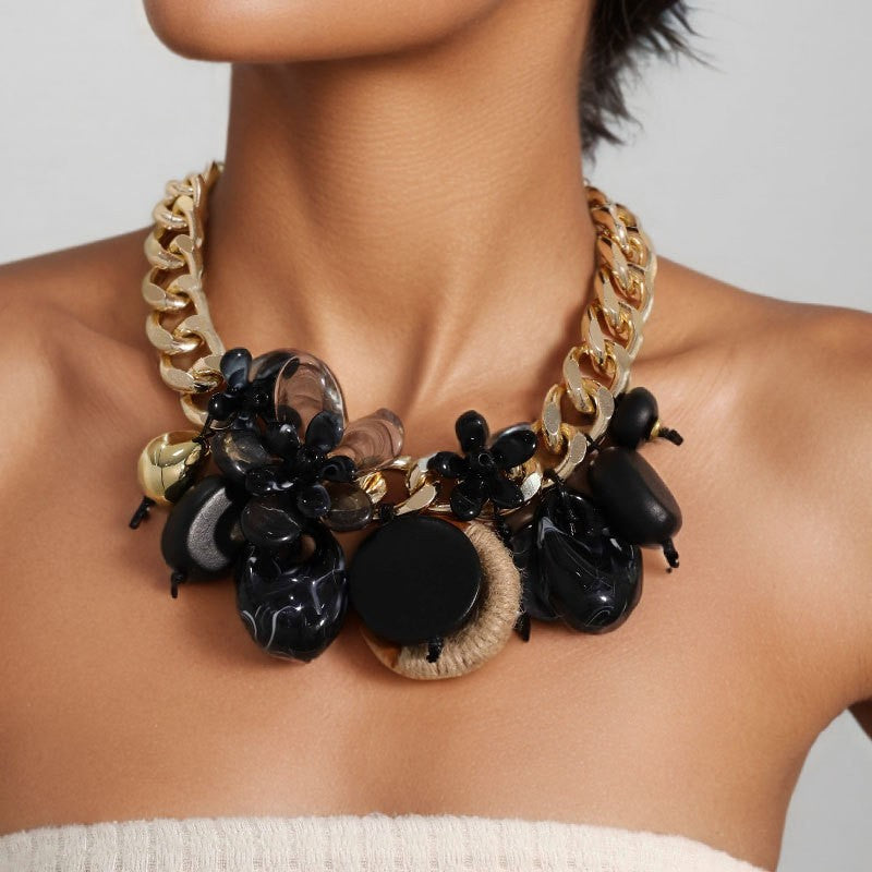 Classy Black Floral Resin Statement Necklace