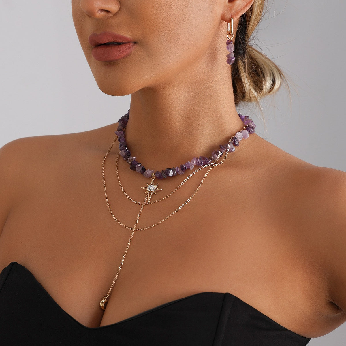 Classy Purple Stone Starburst Necklace & Earring Set