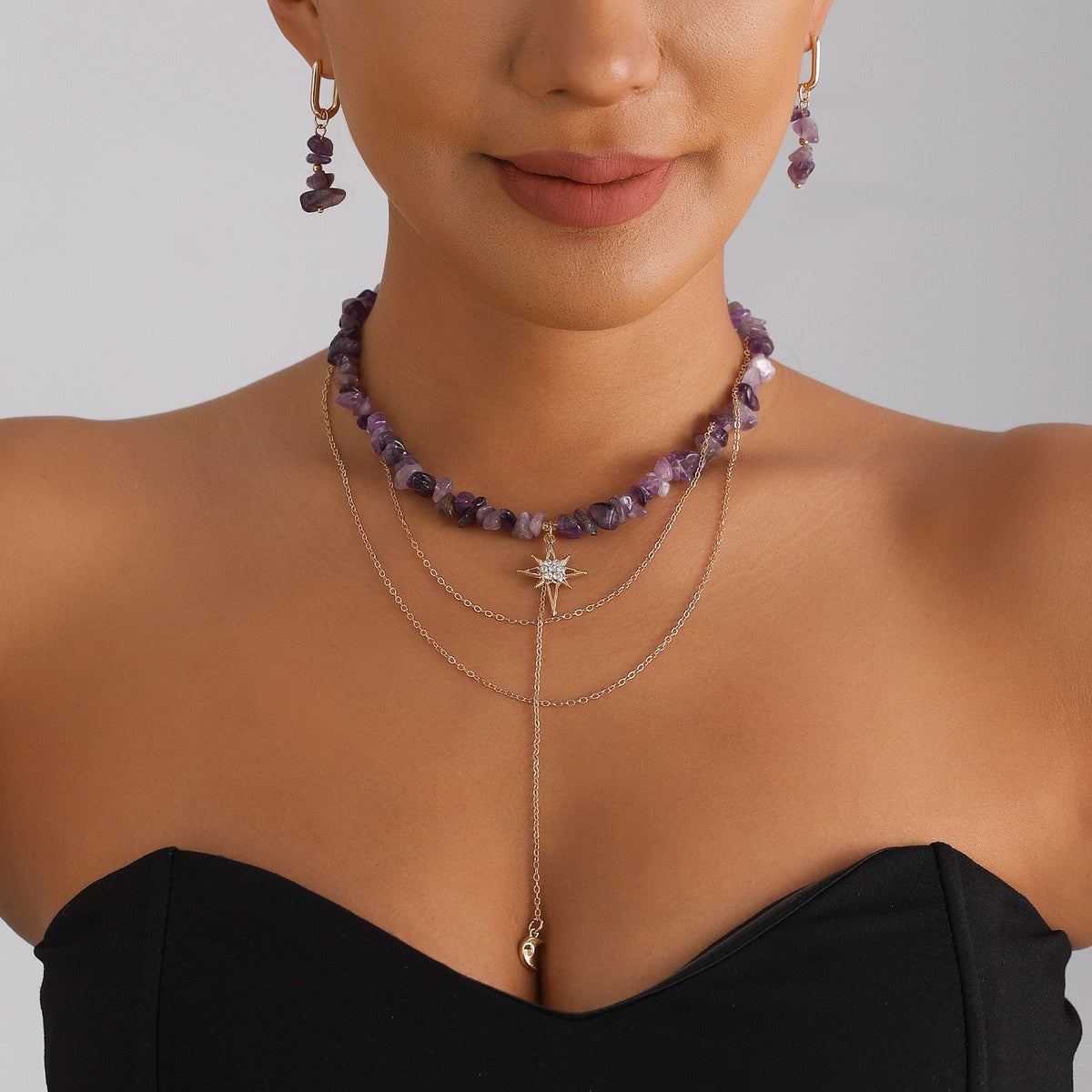 Classy Purple Stone Starburst Necklace & Earring Set