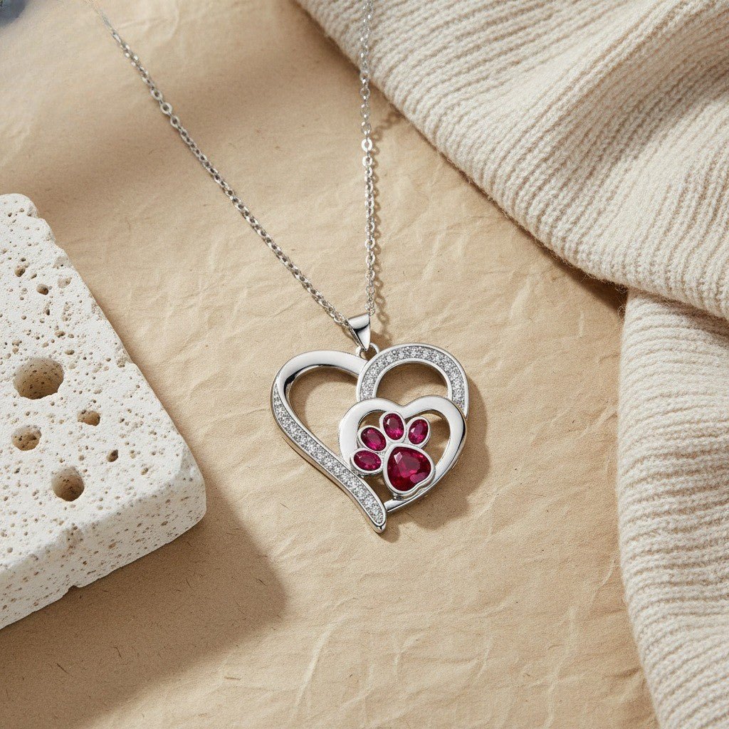 Romantic Red Paw Print Heart Necklace