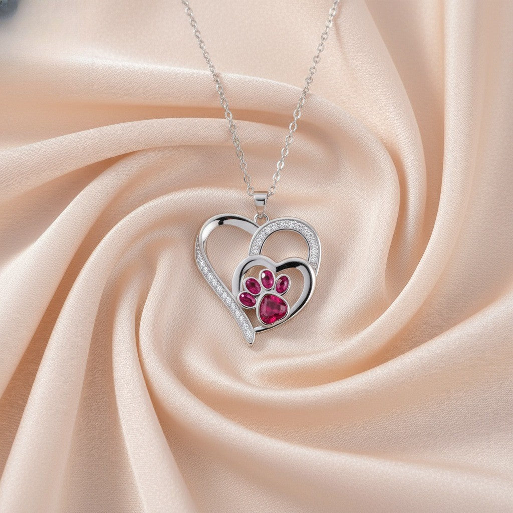 Romantic Red Paw Print Heart Necklace