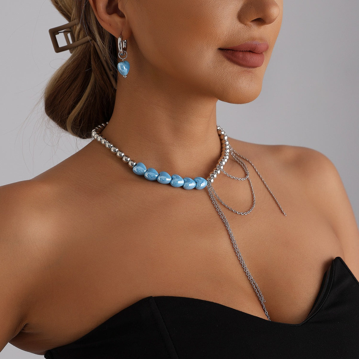 Classy Blue Heart Bead Necklace, Bracelet & Earring Set