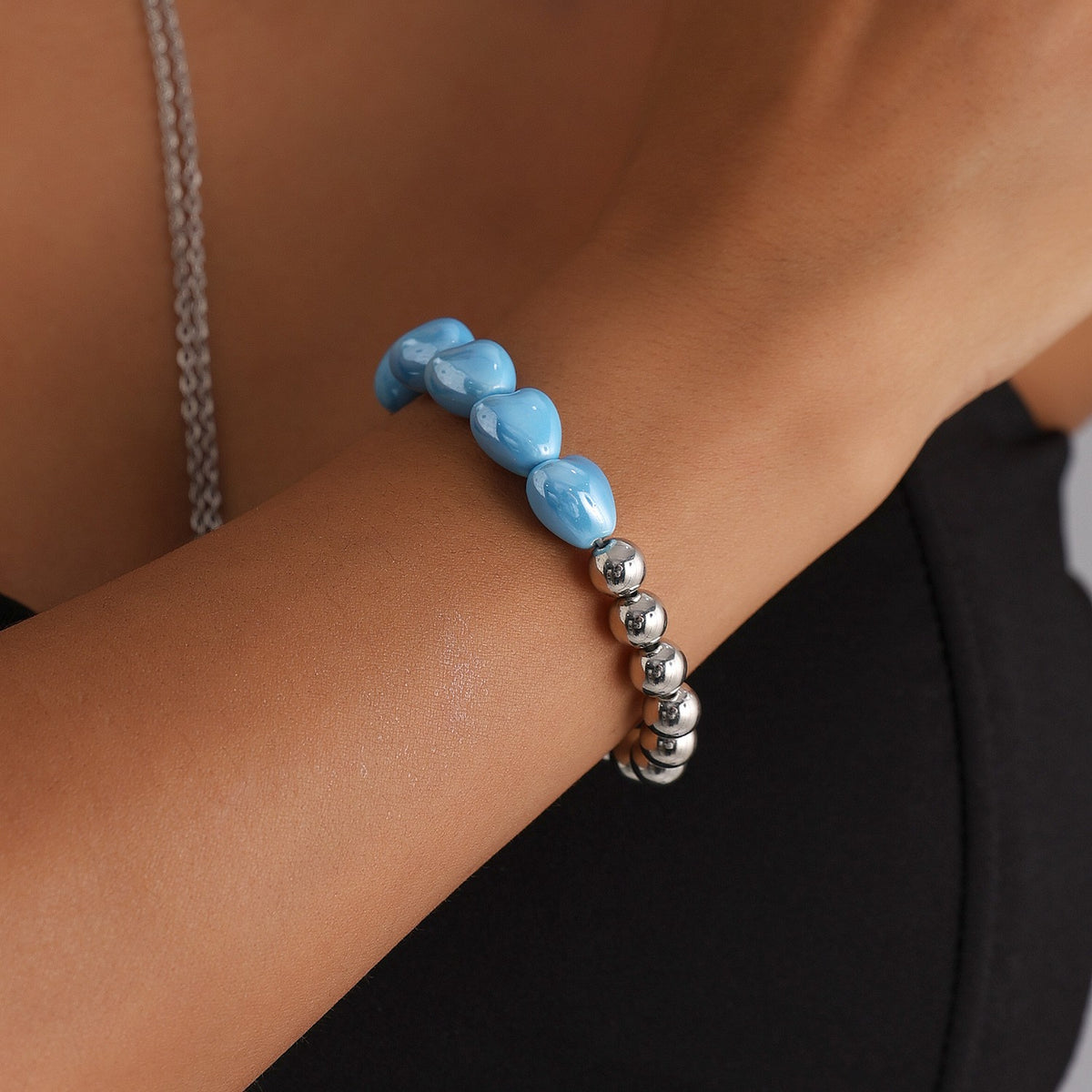 Classy Blue Heart Bead Necklace, Bracelet & Earring Set