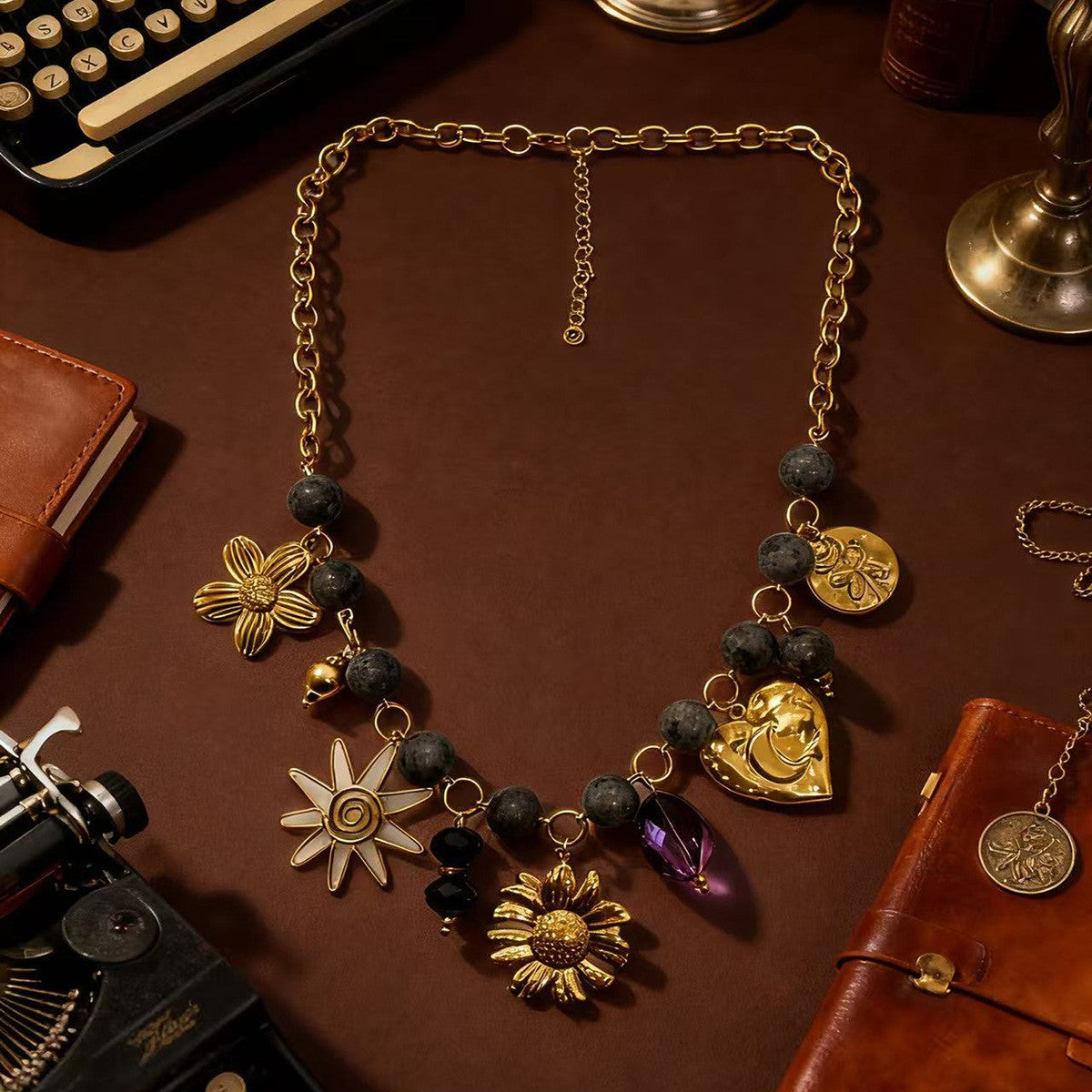 18k Boho Floral Charm Beaded Necklace