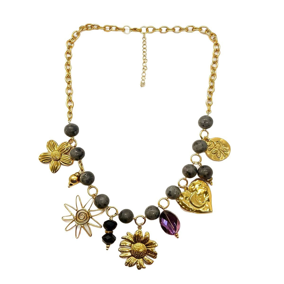 18k Boho Floral Charm Beaded Necklace