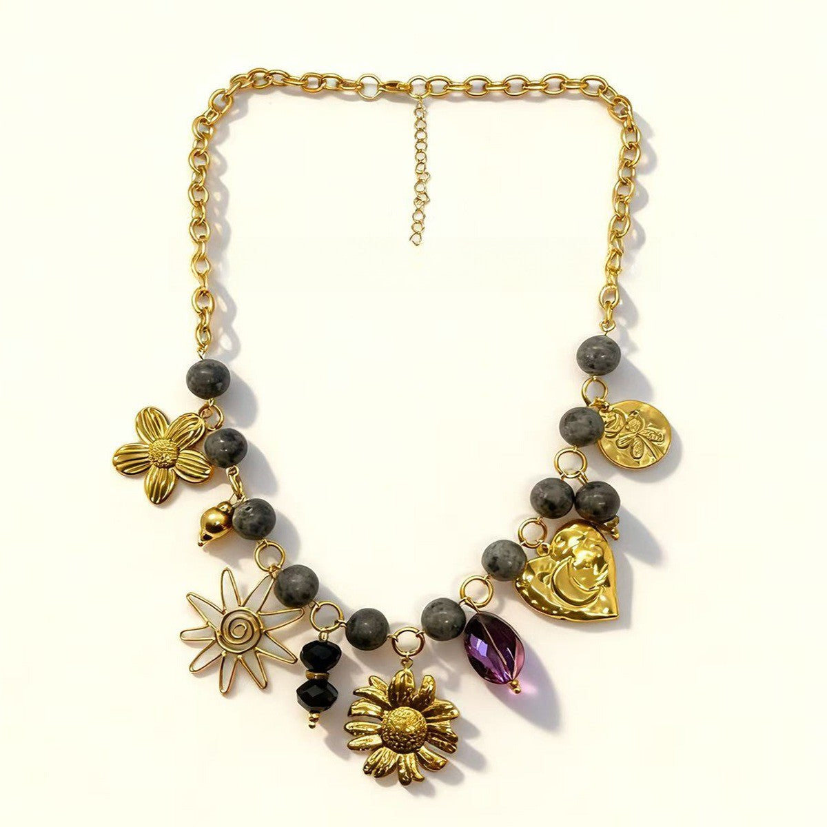 18k Boho Floral Charm Beaded Necklace