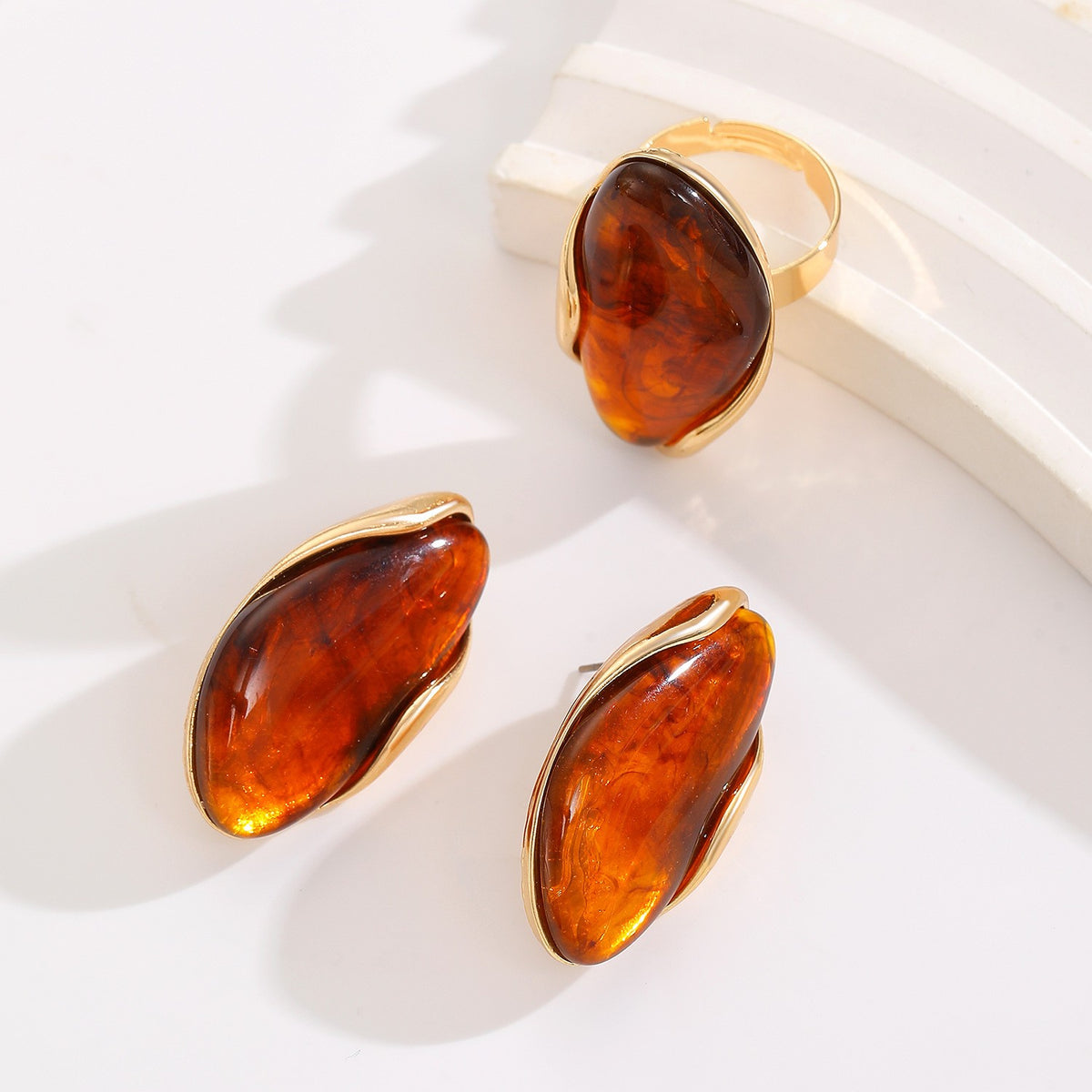 Classy Amber Resin Earring & Ring Set