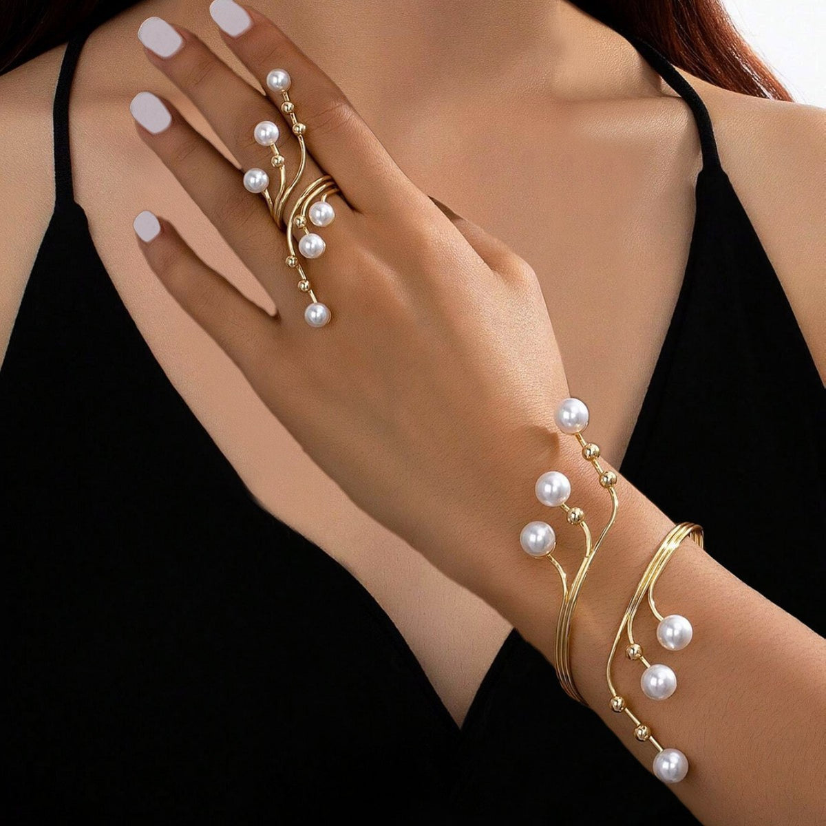 Classy Faux Pearl Vine Ring & Bangle Set