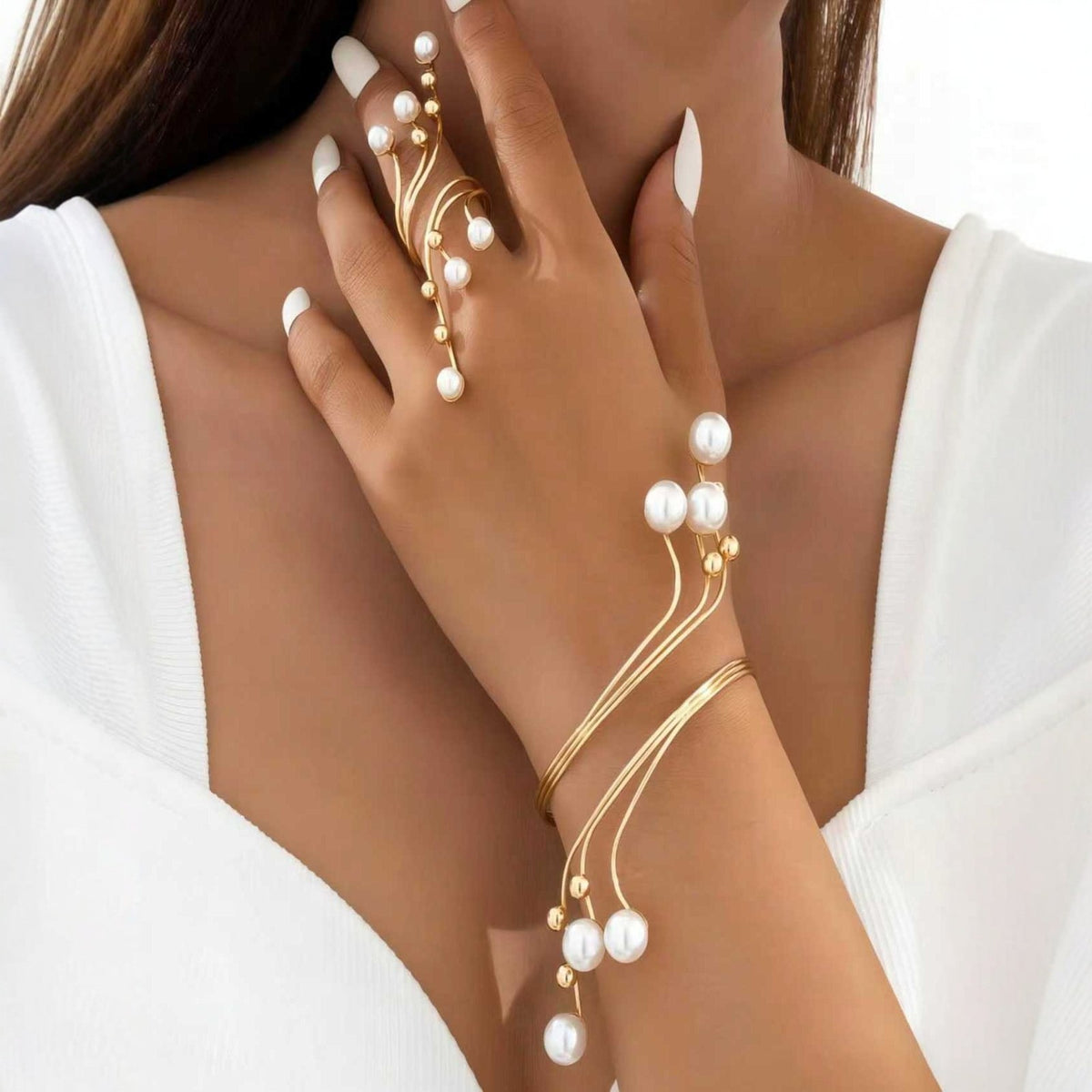 Classy Faux Pearl Vine Ring & Bangle Set
