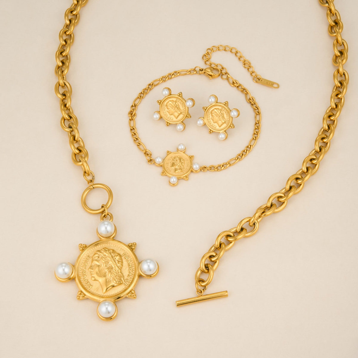 Vintage Coin Pearl Necklace, Bracelet & Earring Set