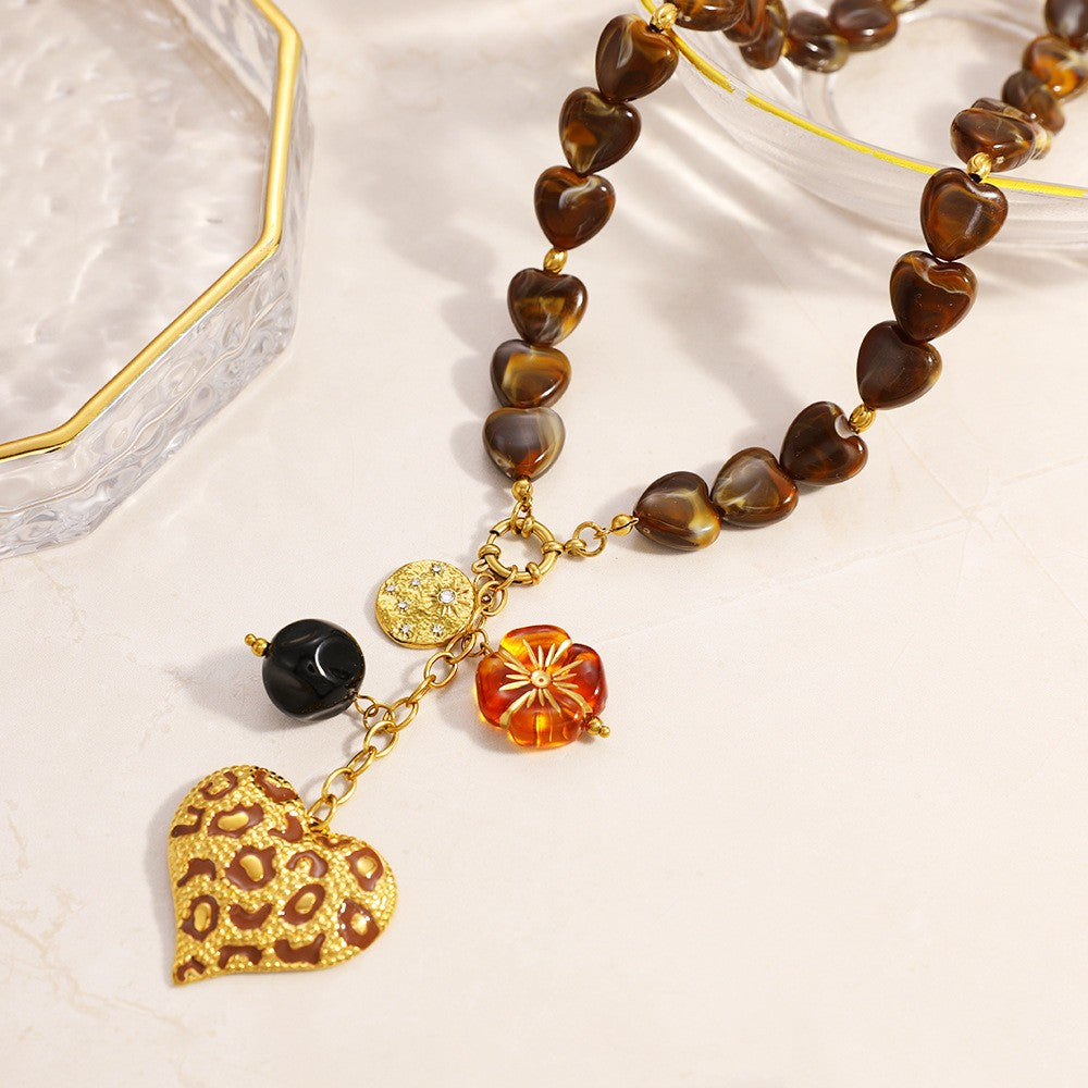 18k Vintage Leopard Heart Necklace Bracelet Set