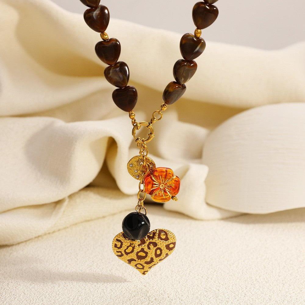 18k Vintage Leopard Heart Necklace Bracelet Set