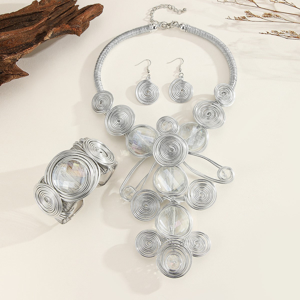 3pc Vintage Spiral Glass Necklace, Bracelet & Earring Set