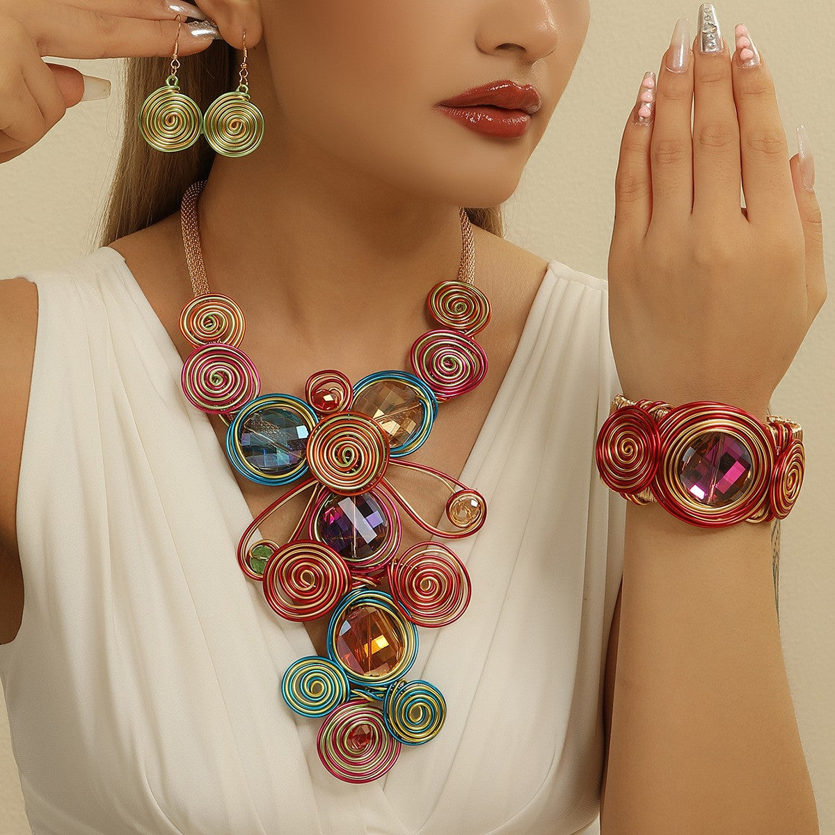 3pc Vintage Spiral Glass Necklace, Bracelet & Earring Set