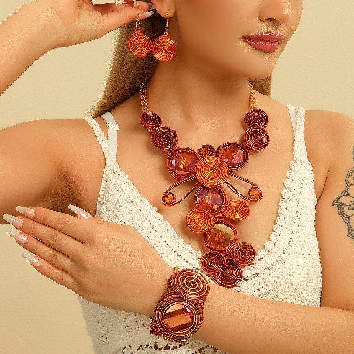 3pc Vintage Spiral Glass Necklace, Bracelet & Earring Set