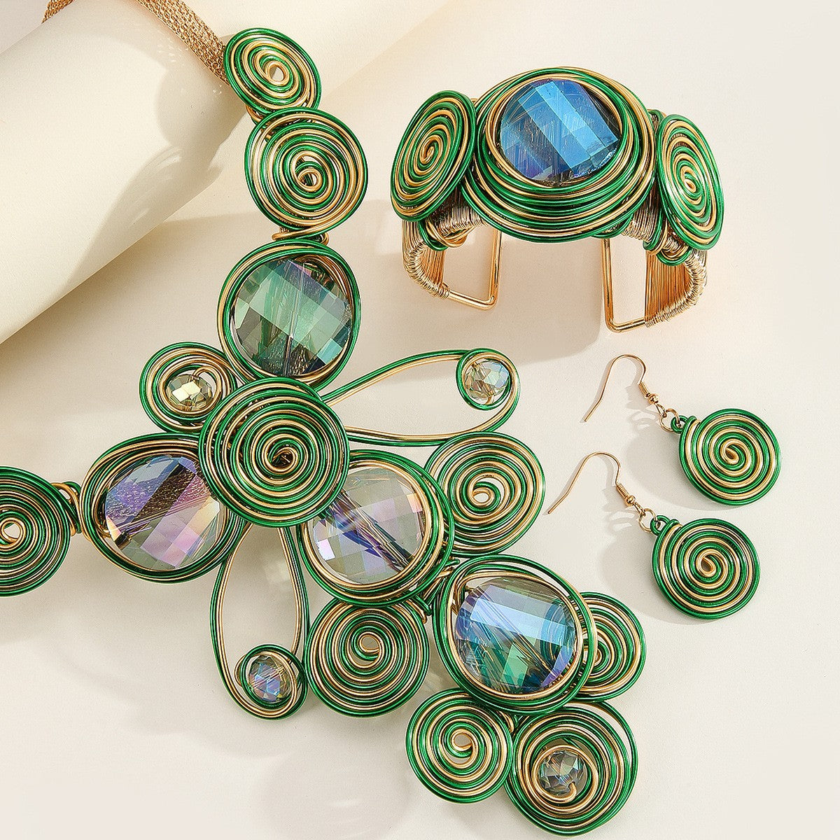3pc Vintage Spiral Glass Necklace, Bracelet & Earring Set