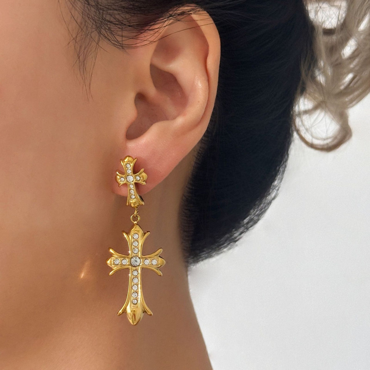 18k Dainty Double Cross Drop Earrings