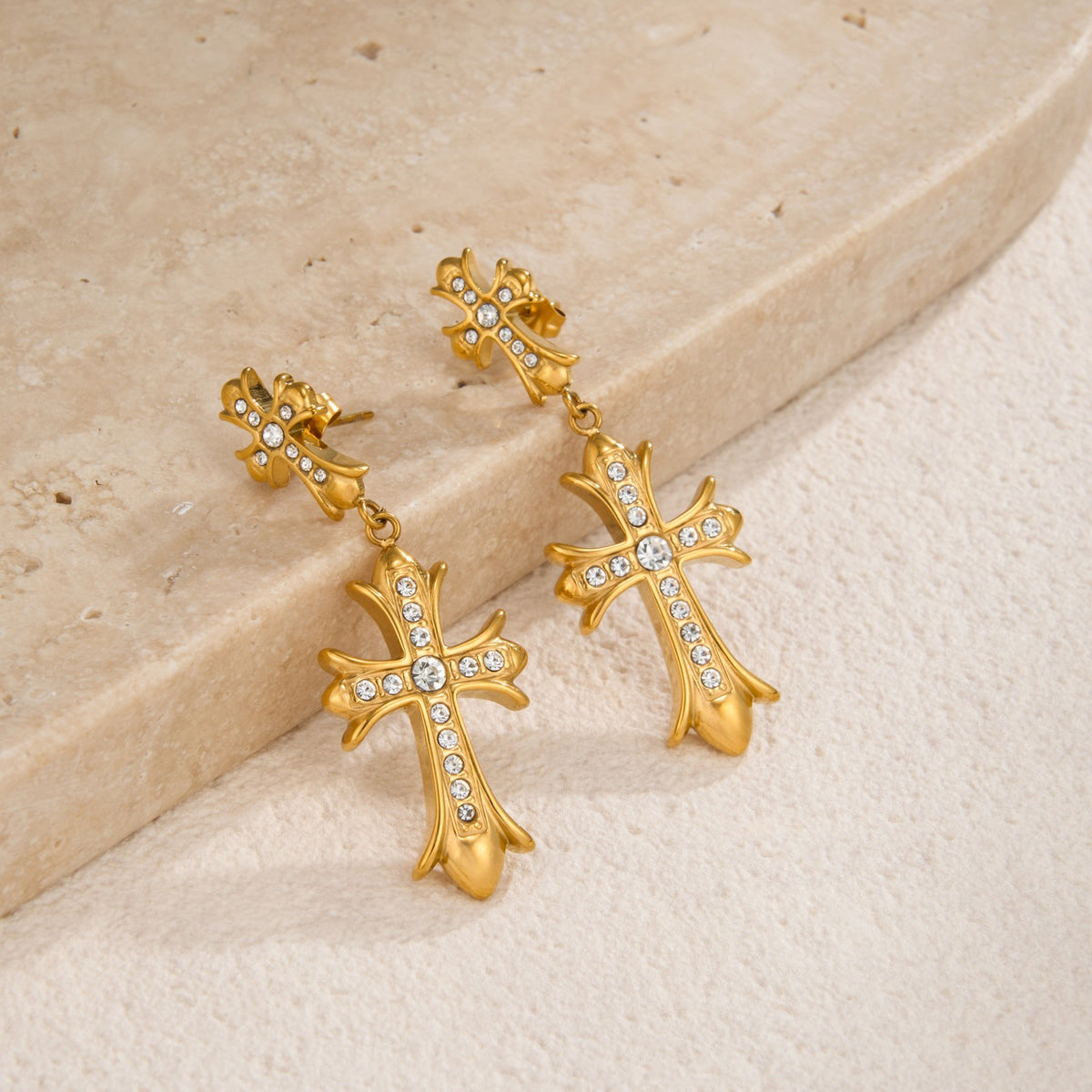18k Dainty Double Cross Drop Earrings