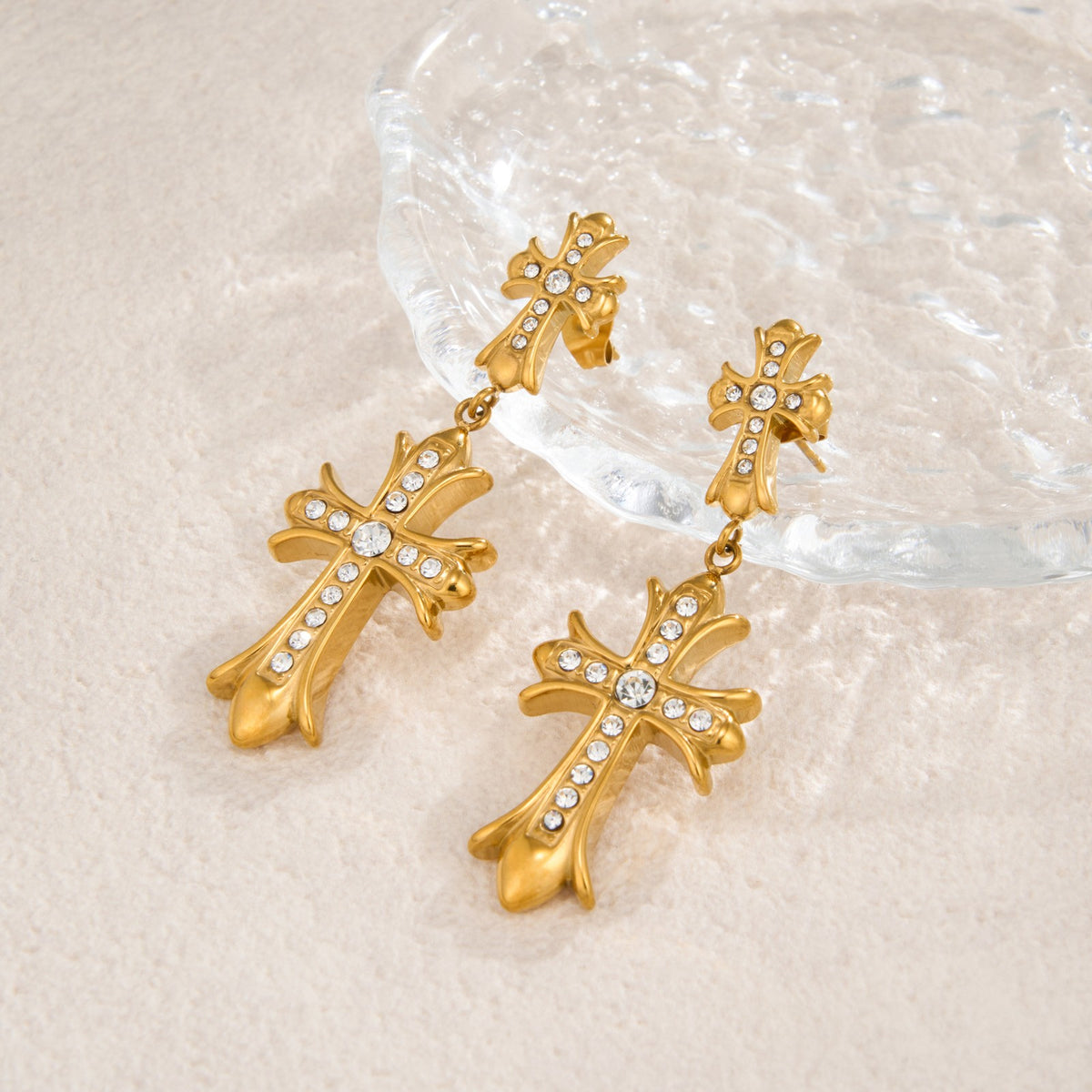 18k Dainty Double Cross Drop Earrings