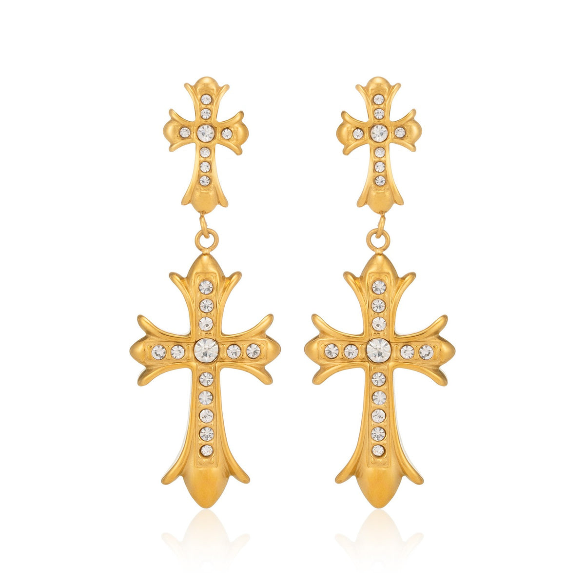 18k Dainty Double Cross Drop Earrings